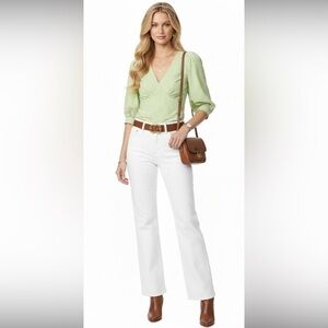 NEW Sanctuary V-Neck Green Striped Poplin Puff Sleeve Top